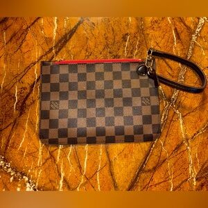 Louis Vuitton Brown Checkered Wristlet with Red Interior